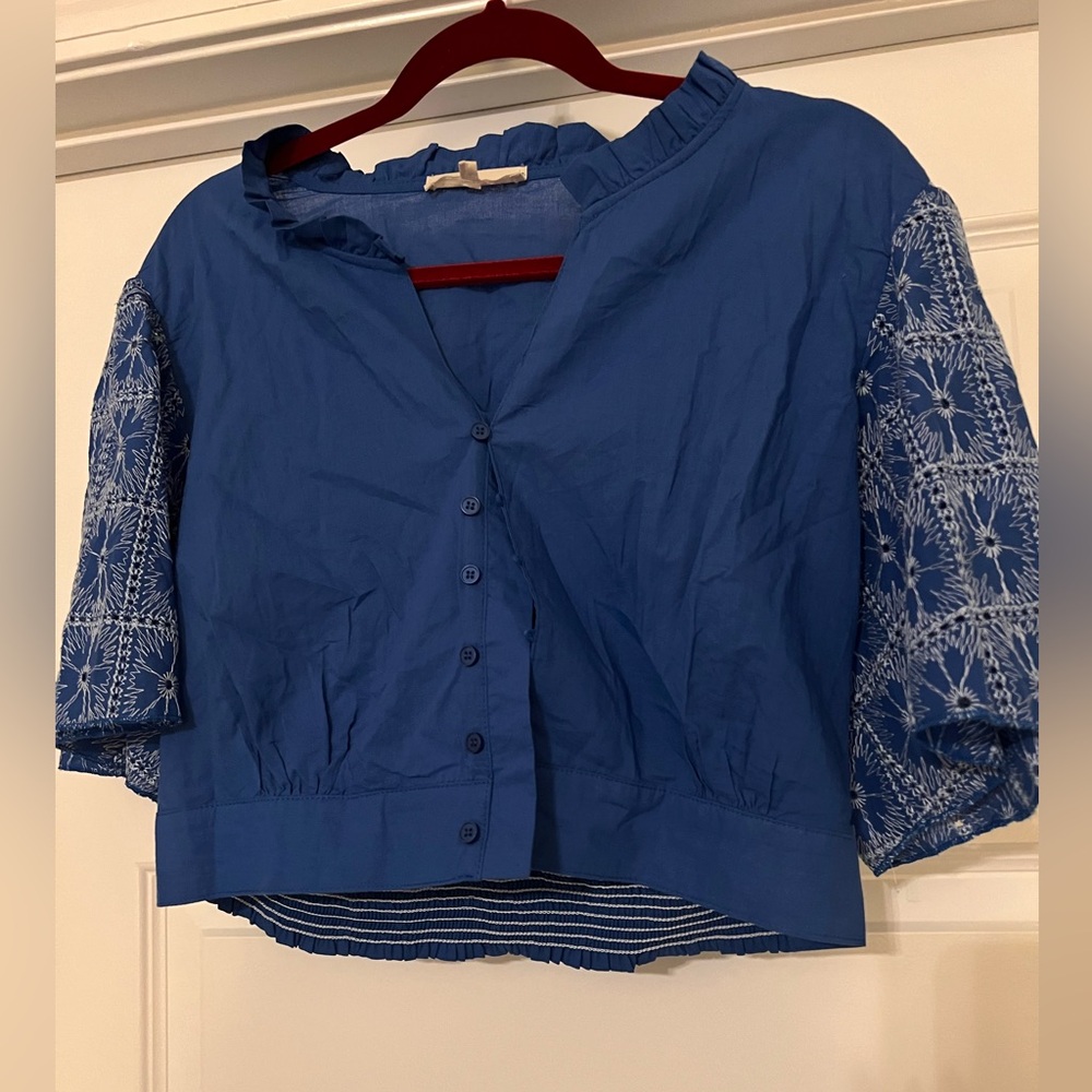 Solitaire Blue Crop Button Down Shirt with Mandarin Collar